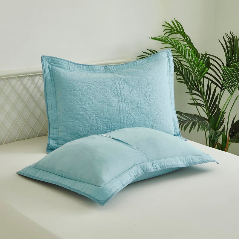 WINLIFE 100% Cotton Quilted Pillow Sham Floral Printed Pillow Cover (Standard, Aqua Blue) - Image 4